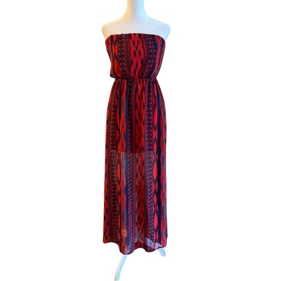 Charlotte Russe Dresses & Skirts - Charlotte Russe Strapless Maxi Dress Red Navy Aztec Print Sheer Overlay Small